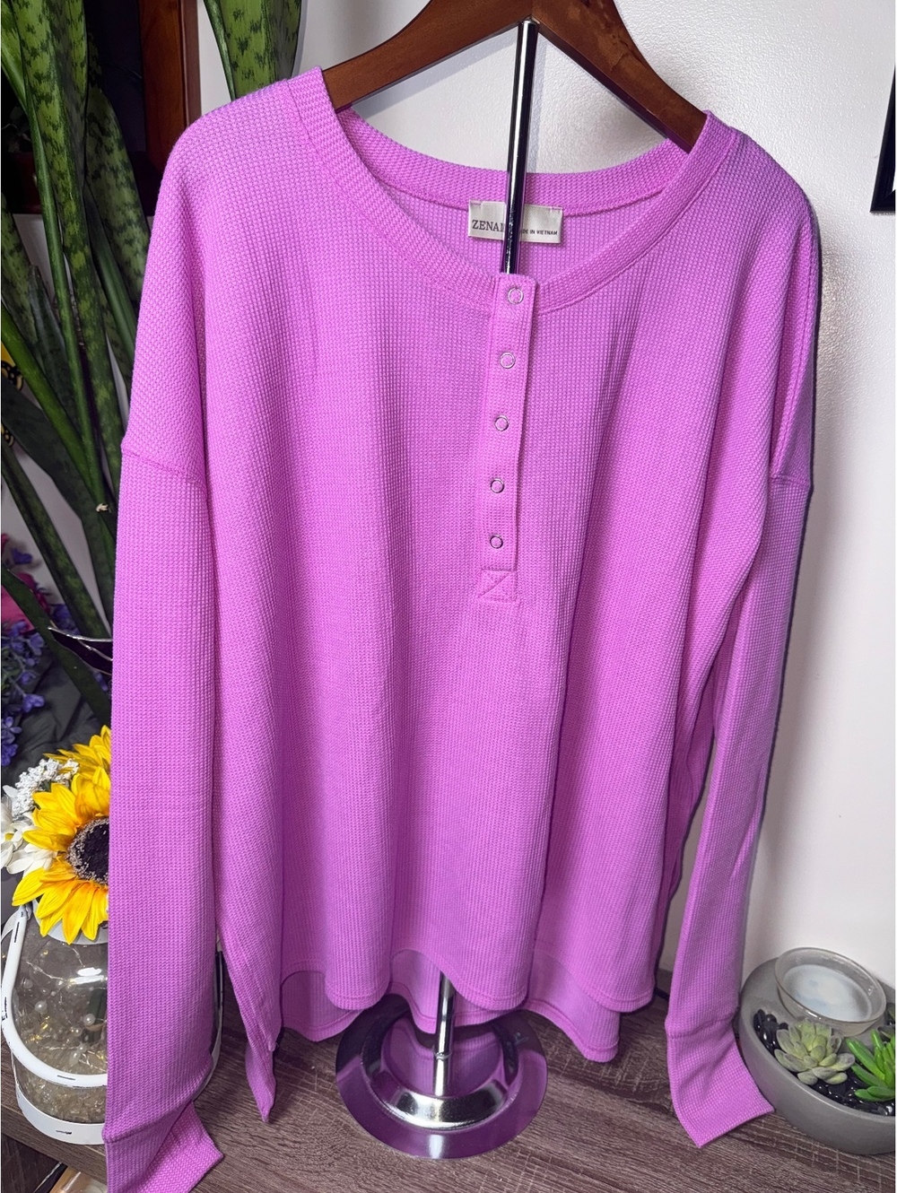 Zenana Long Sleeve Waffle Henley with Thumb Holes, Bright Mauve, Size Medium
